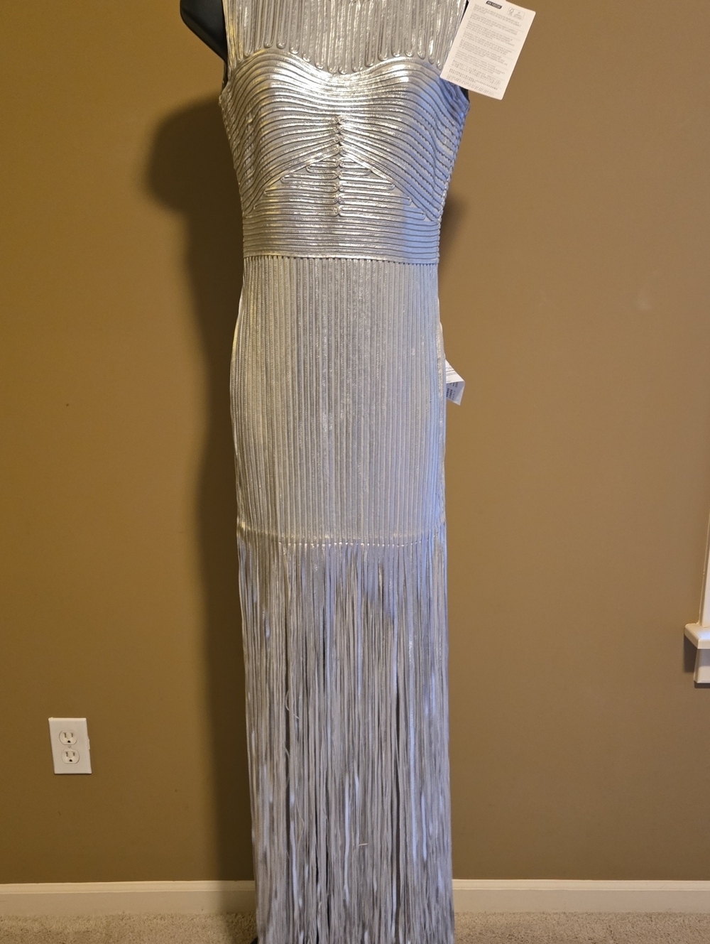 Stunning Herve Leger Silver Metallic Ribbed Fringe Maxi Dress NWT Small